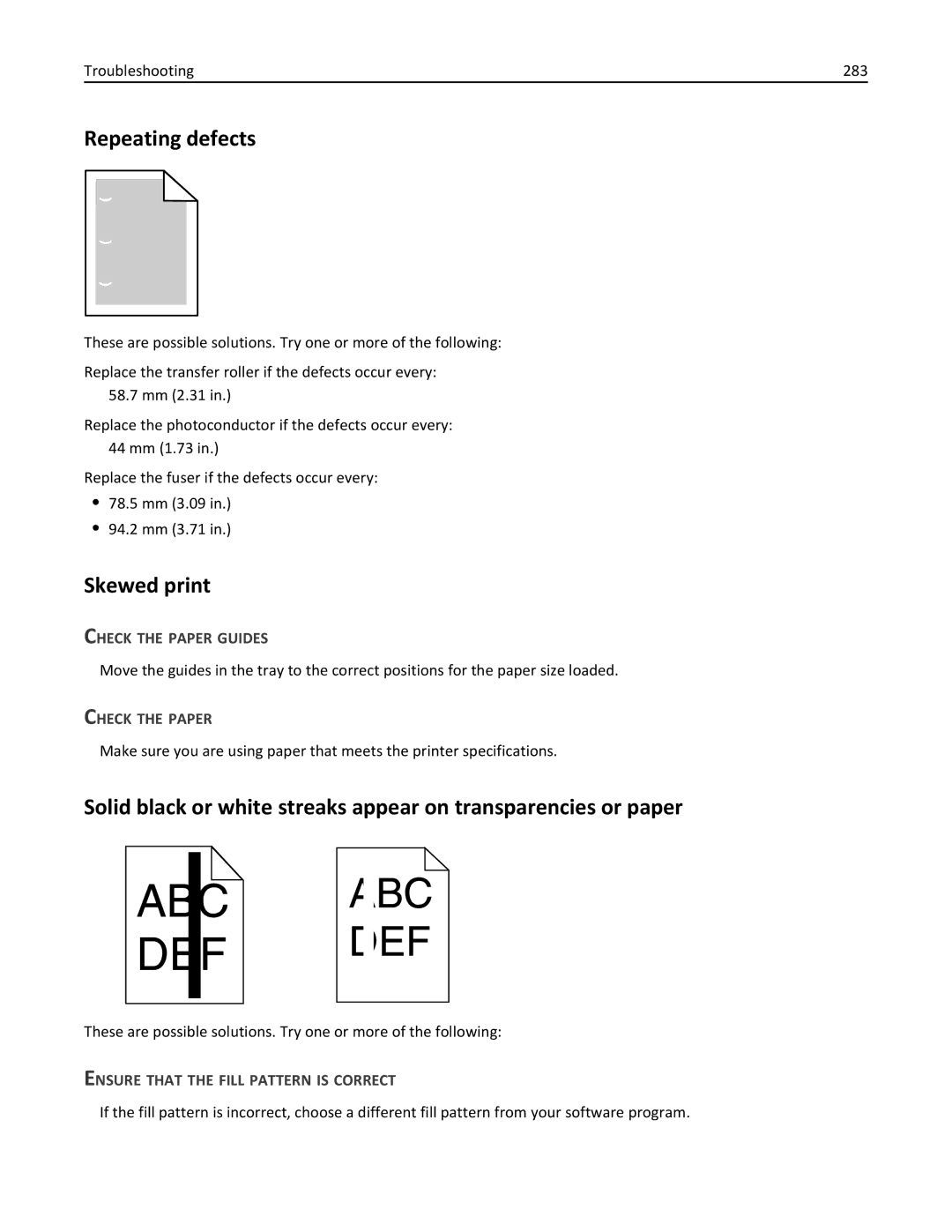 Lexmark 19Z0100, X862DTE Repeating defects, Skewed print, Troubleshooting 283, Ensure That the Fill Pattern is Correct 