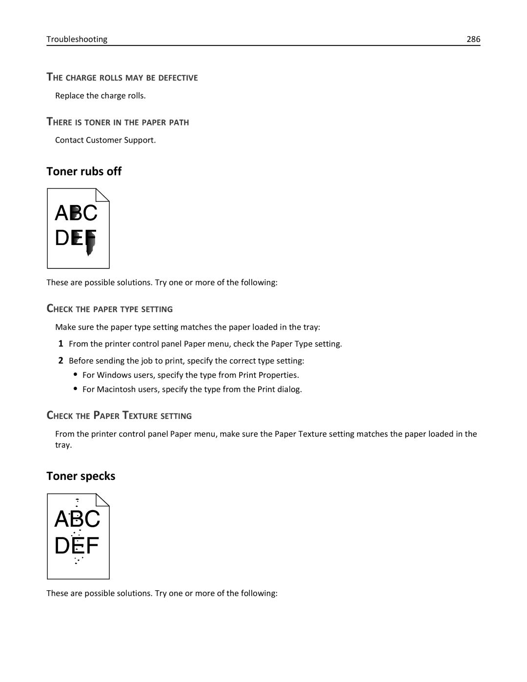 Lexmark 19Z0100, X862DTE manual Toner rubs off, Toner specks, Charge Rolls MAY be Defective, Check the Paper Texture Setting 