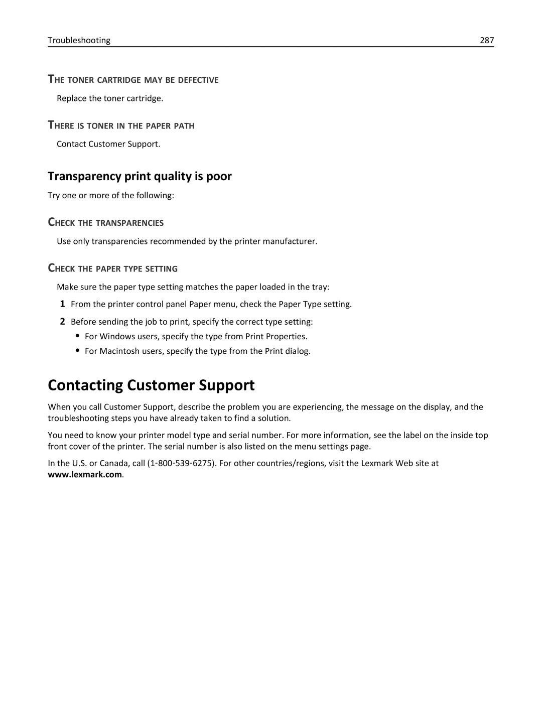 Lexmark 19Z0201, X862DTE, 19Z0100 manual Contacting Customer Support, Transparency print quality is poor, Troubleshooting 287 