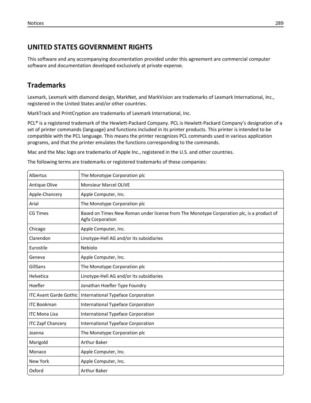 Lexmark 19Z0100, X862DTE, 19Z0201 manual Trademarks, 289 