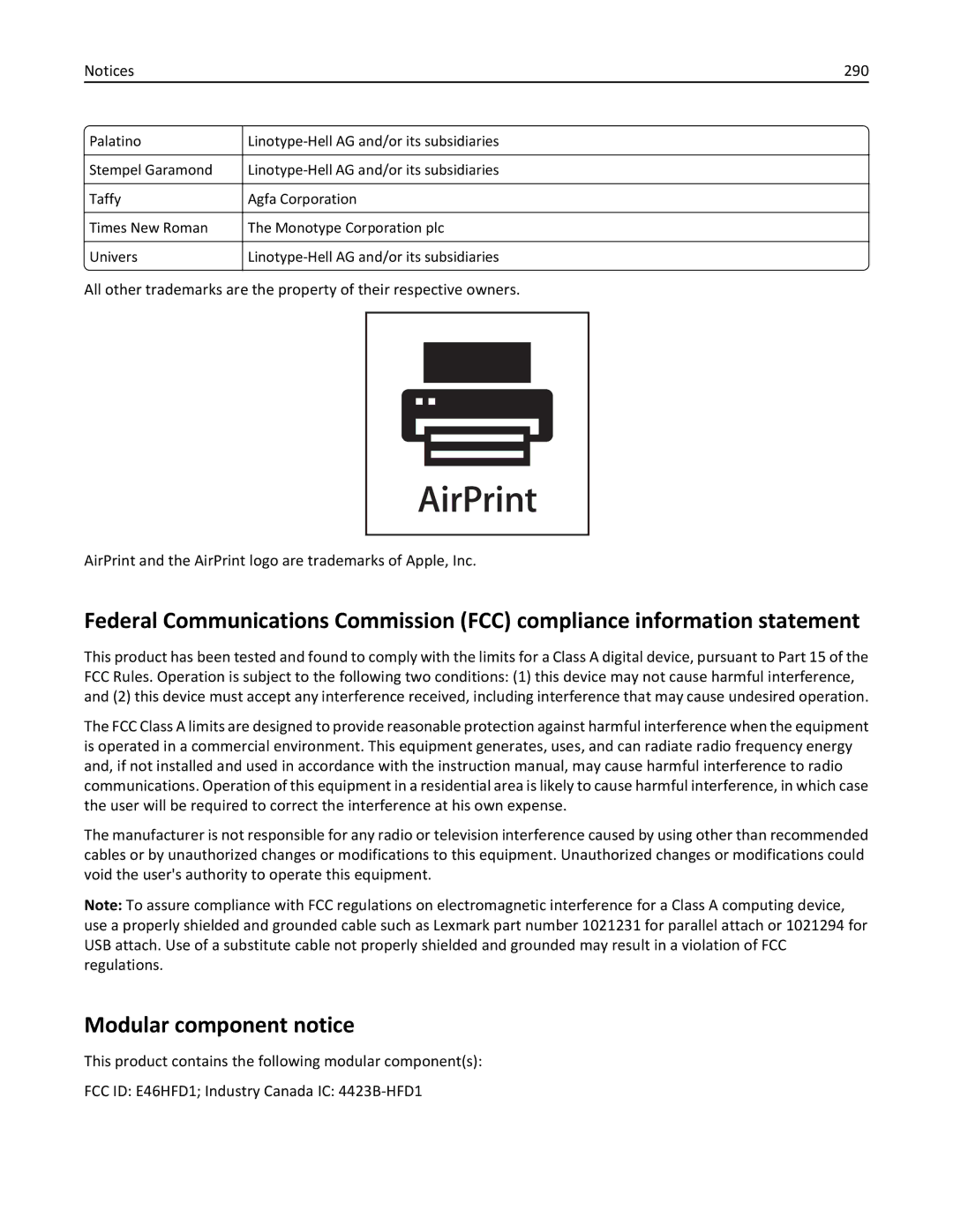 Lexmark 19Z0201, X862DTE, 19Z0100 manual Modular component notice, 290 