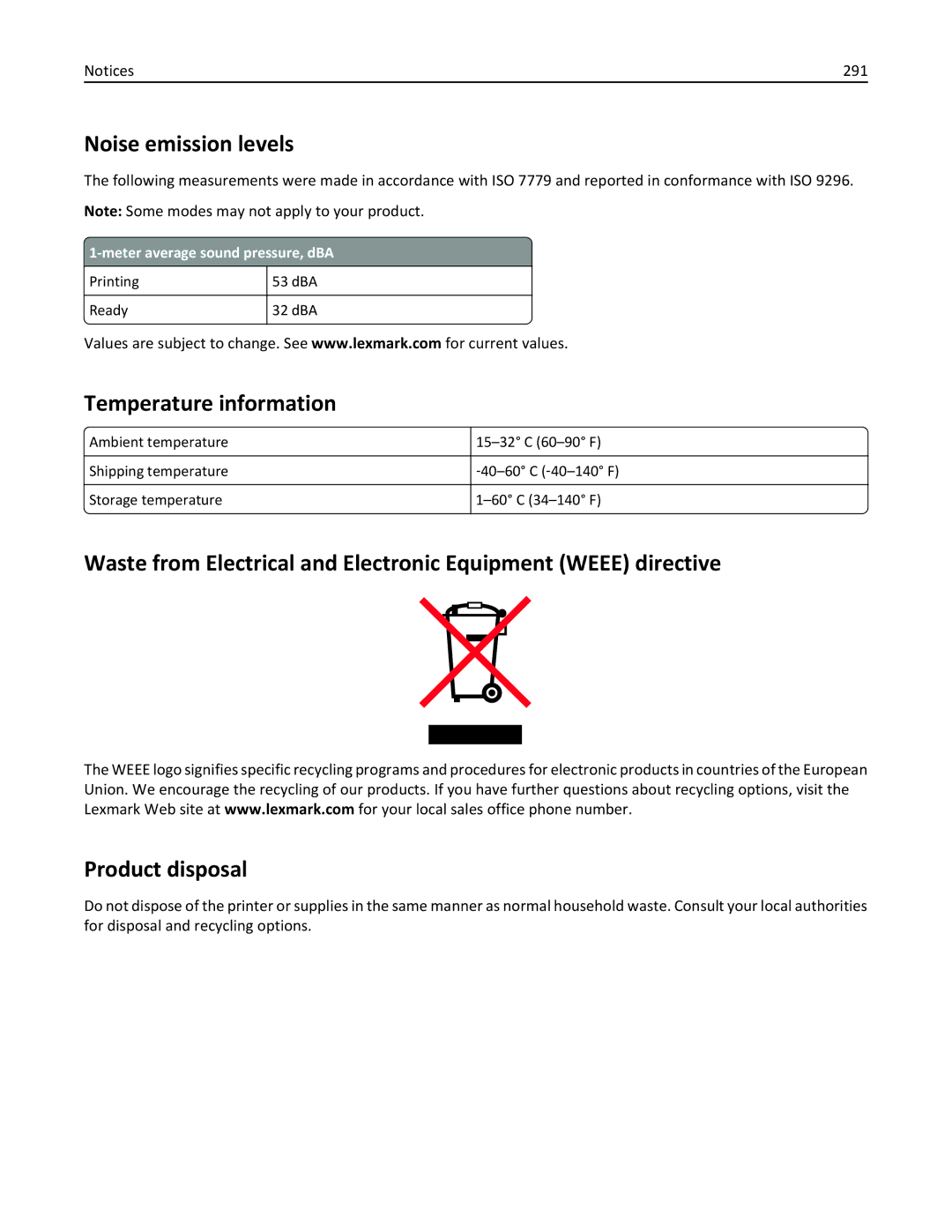 Lexmark X862DTE, 19Z0100, 19Z0201 Noise emission levels, Temperature information, 291, Meter average sound pressure, dBA 