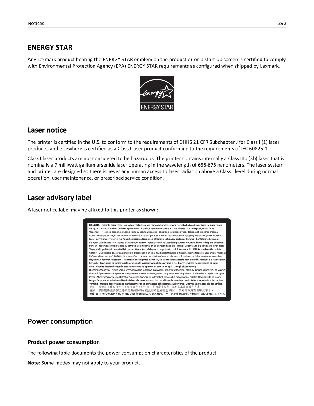 Lexmark 19Z0100, X862DTE, 19Z0201 manual Laser notice, Laser advisory label, Power consumption, Product power consumption 