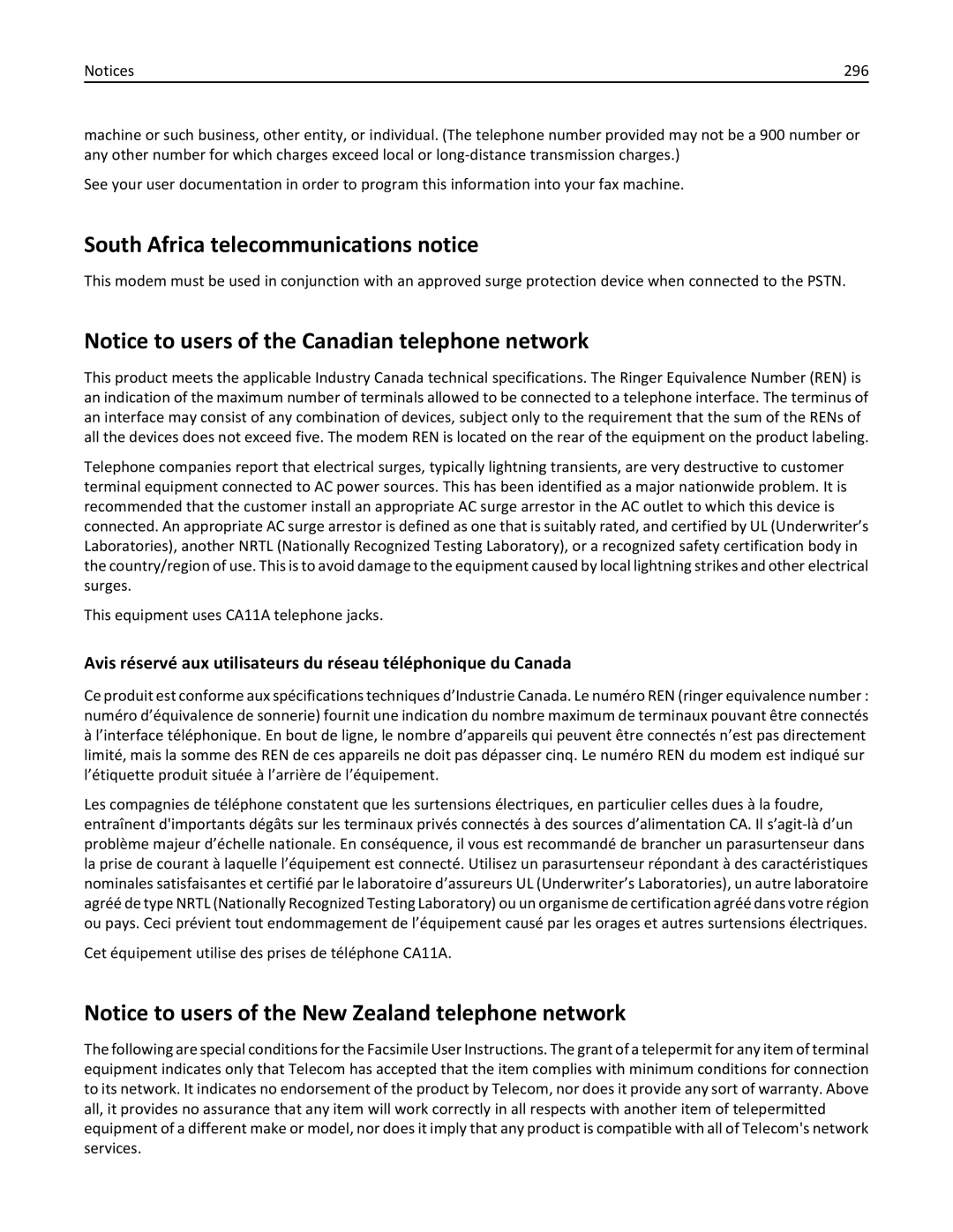 Lexmark 19Z0201, X862DTE, 19Z0100 manual South Africa telecommunications notice, 296 