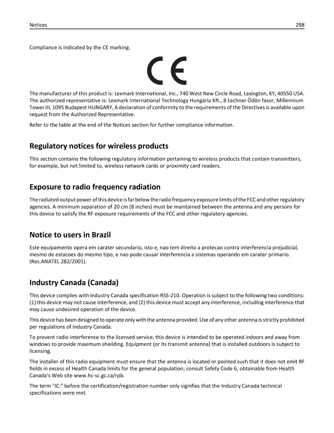 Lexmark 19Z0100 Regulatory notices for wireless products, Exposure to radio frequency radiation, Industry Canada Canada 