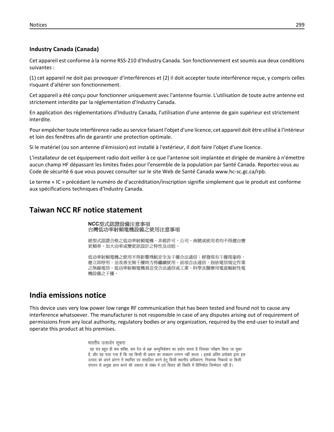 Lexmark 19Z0201, X862DTE, 19Z0100 manual Taiwan NCC RF notice statement India emissions notice, Industry Canada Canada, 299 