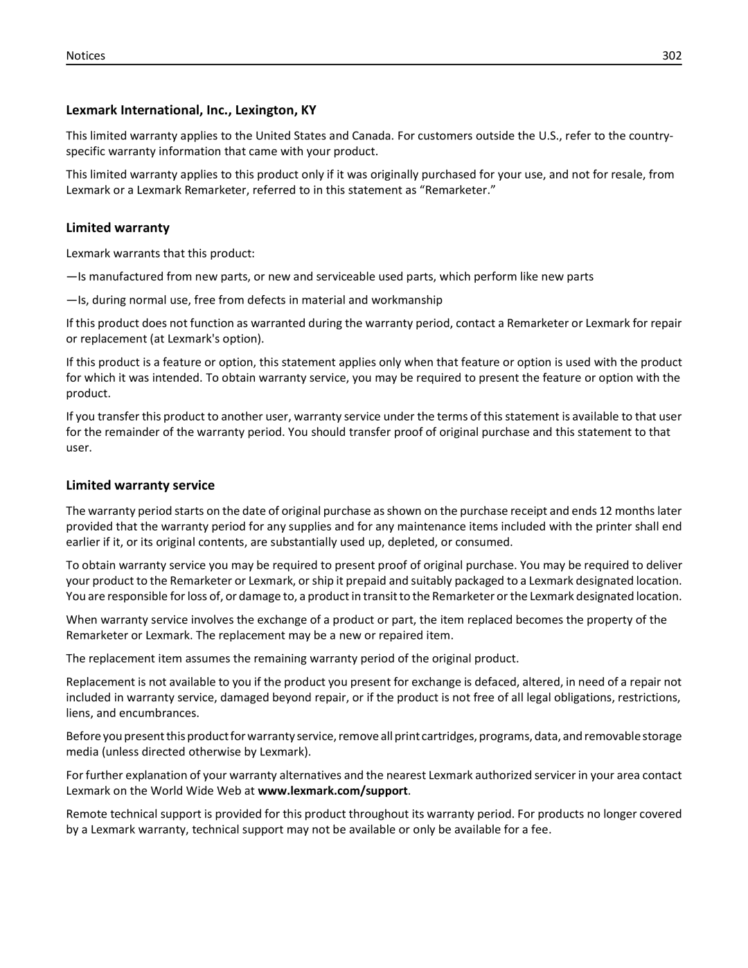 Lexmark 19Z0201, X862DTE, 19Z0100 manual Lexmark International, Inc., Lexington, KY, Limited warranty service, 302 
