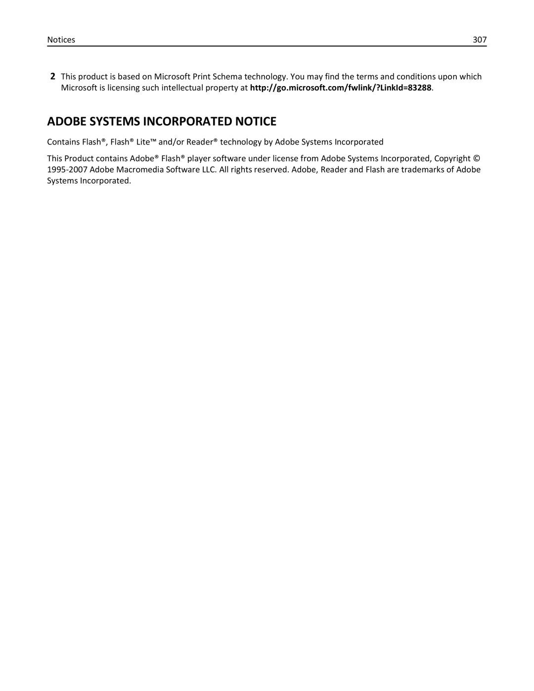 Lexmark 19Z0100, X862DTE, 19Z0201 manual Adobe Systems Incorporated Notice, 307 