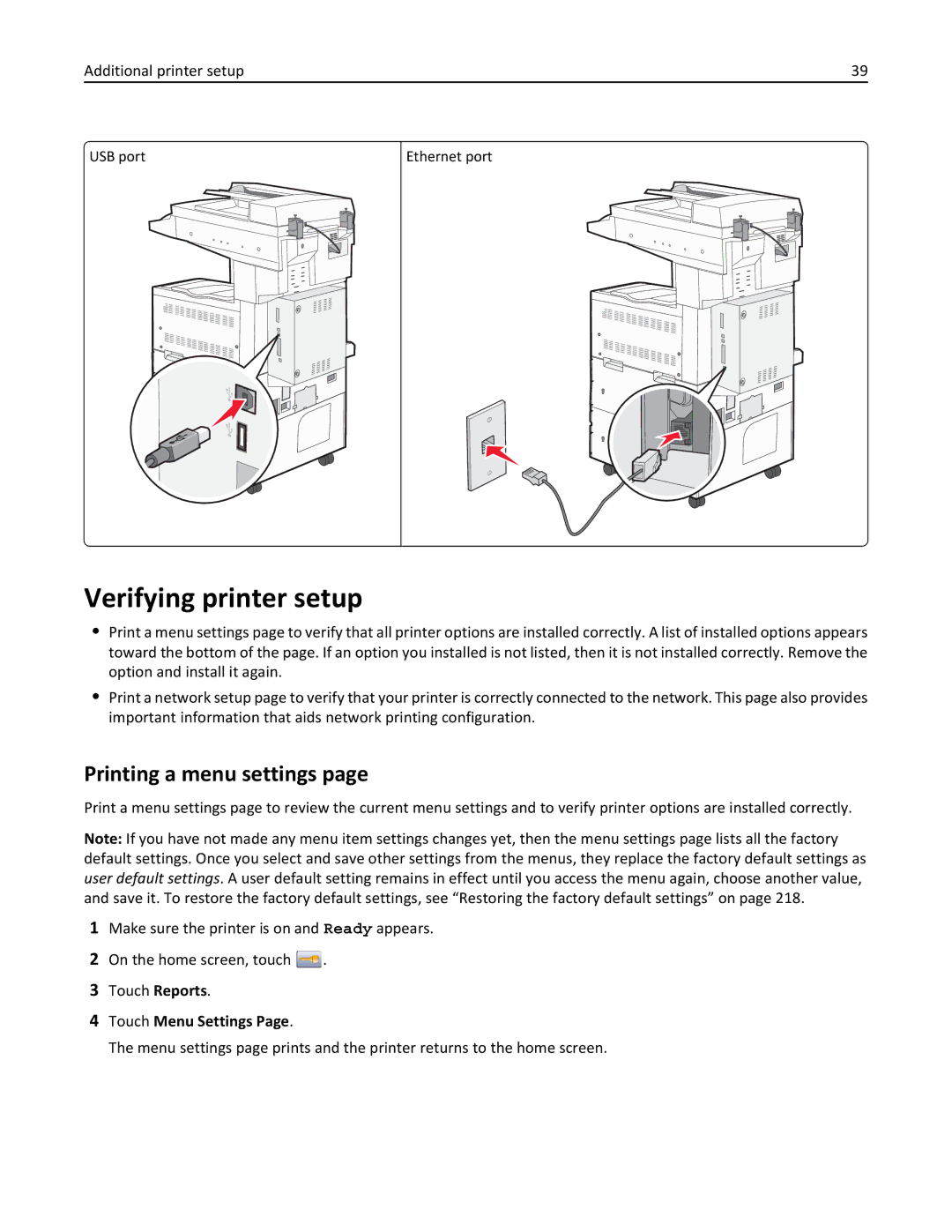 Lexmark X862DTE, 19Z0100, 19Z0201 manual Verifying printer setup, Printing a menu settings, Touch Menu Settings 