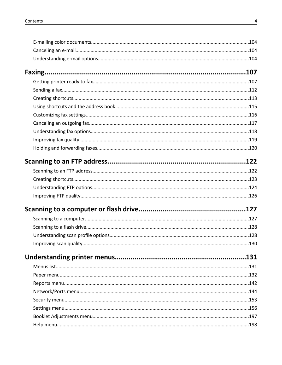 Lexmark 19Z0100 Faxing, Scanning to an FTP address, Scanning to a computer or flash drive 127, Understanding printer menus 