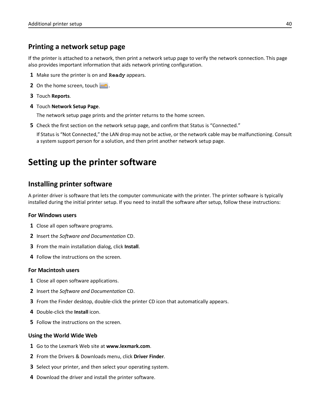 Lexmark 19Z0100, X862DTE, 19Z0201 Setting up the printer software, Printing a network setup, Installing printer software 