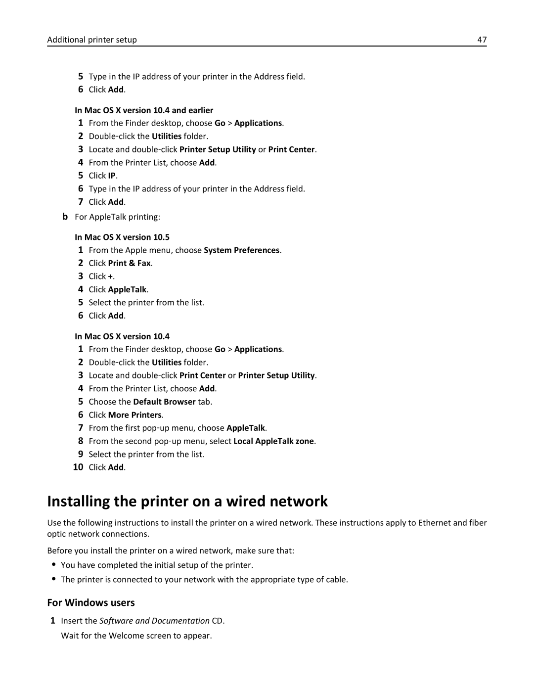 Lexmark 19Z0201, X862DTE, 19Z0100 Installing the printer on a wired network, Mac OS X version, Click +, Click AppleTalk 