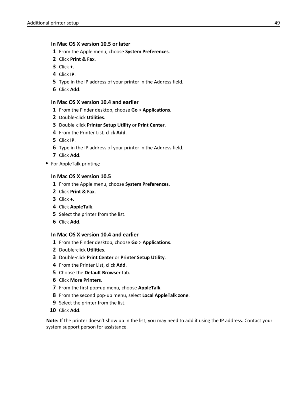 Lexmark 19Z0100, X862DTE, 19Z0201 manual Mac OS X version 10.5 or later, Mac OS X version 10.4 and earlier 