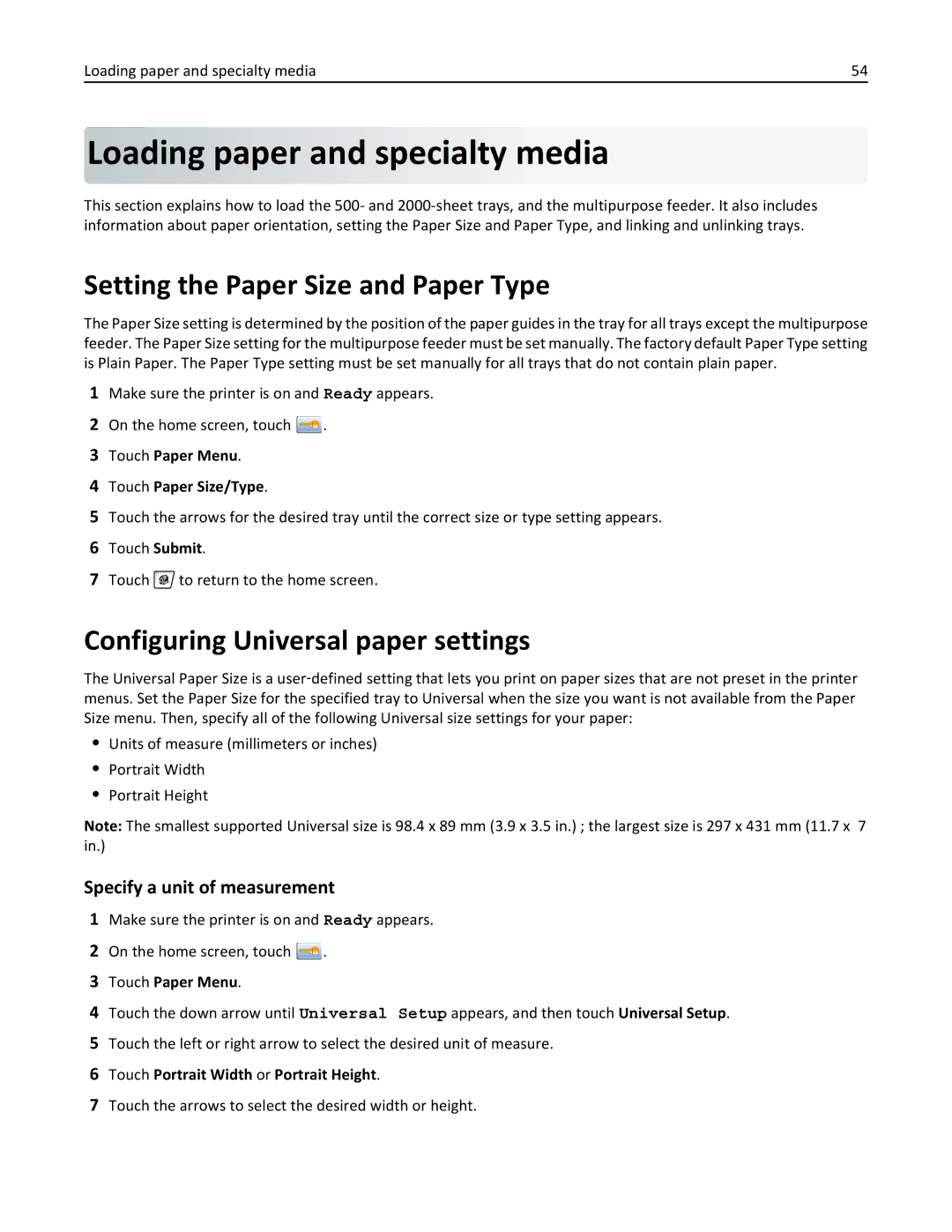 Lexmark X862DTE Loading paper and specialty media, Setting the Paper Size and Paper Type, Specify a unit of measurement 