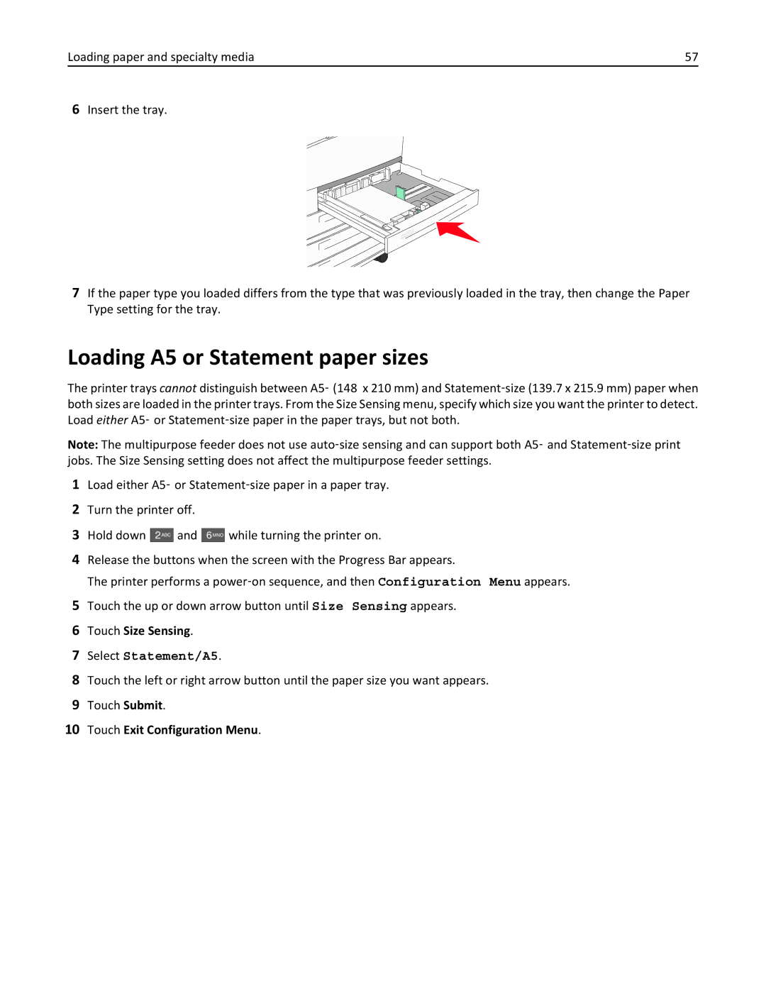 Lexmark X862DTE, 19Z0100, 19Z0201 Loading A5 or Statement paper sizes, Touch Size Sensing, Touch Exit Configuration Menu 