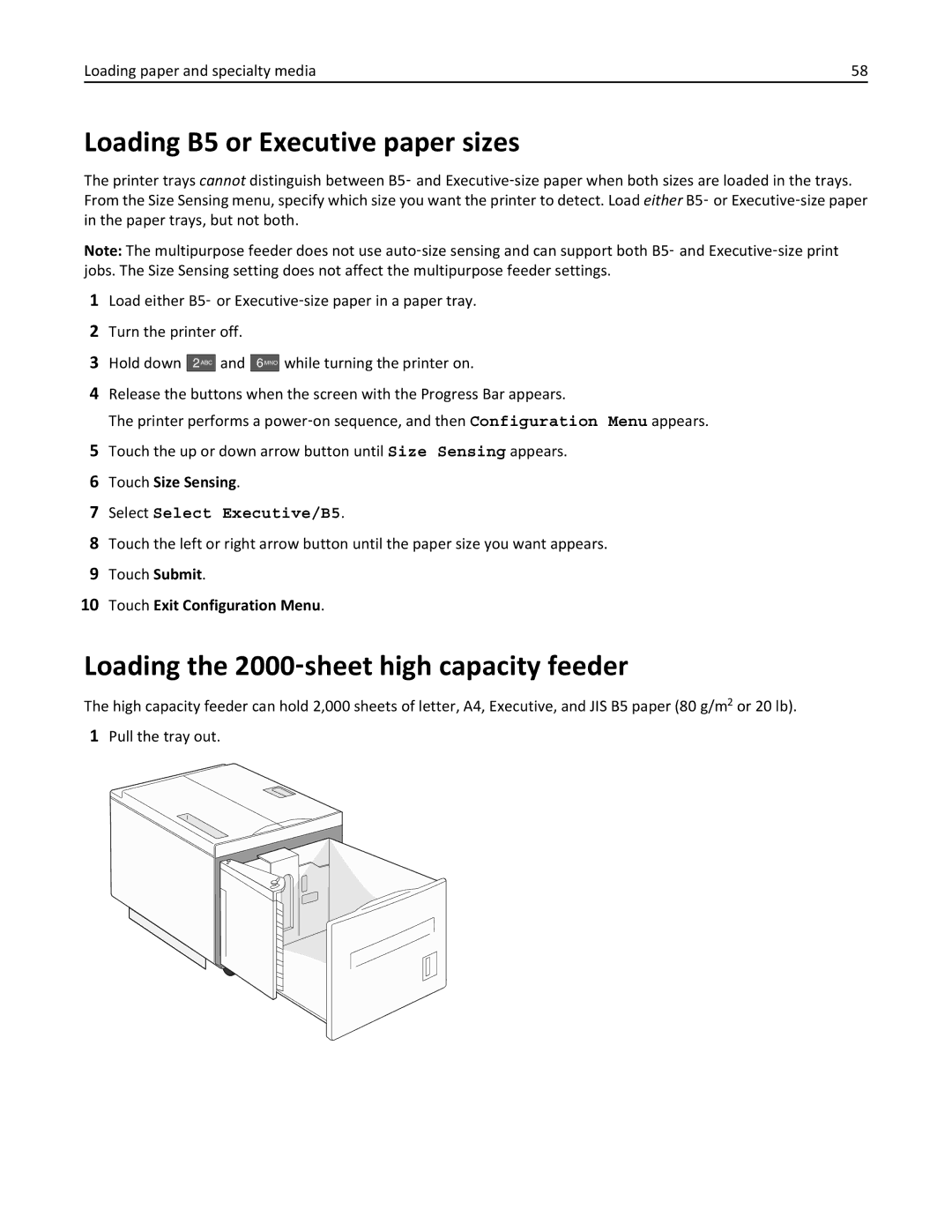 Lexmark 19Z0100, X862DTE, 19Z0201 manual Loading B5 or Executive paper sizes, Loading the 2000‑sheet high capacity feeder 