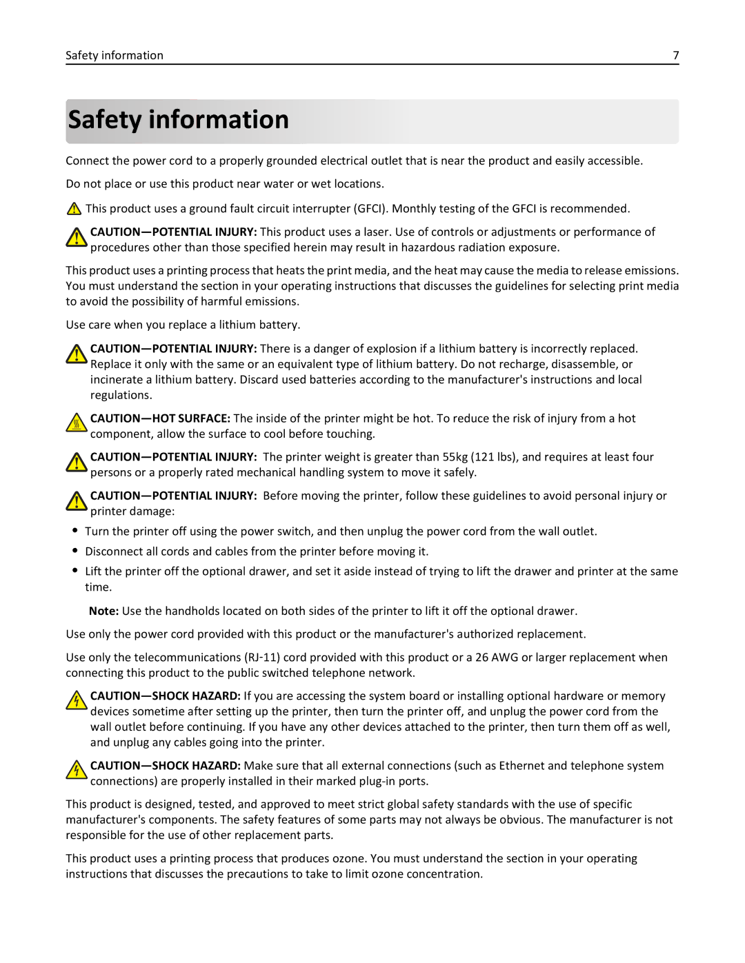 Lexmark 19Z0100, X862DTE, 19Z0201 manual Safety information 