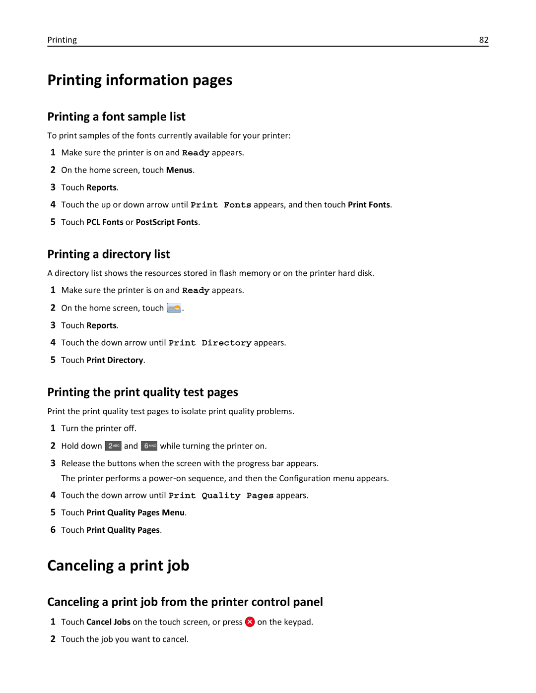 Lexmark 19Z0100, X862DTE, 19Z0201 manual Printing information pages, Canceling a print job 