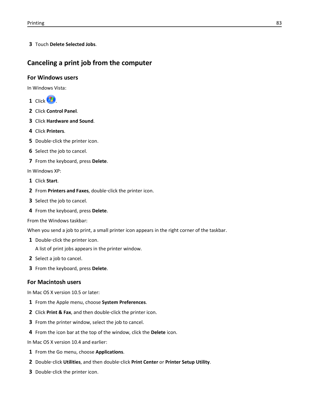 Lexmark 19Z0201, X862DTE, 19Z0100 Canceling a print job from the computer, Touch Delete Selected Jobs, Windows Vista Click 