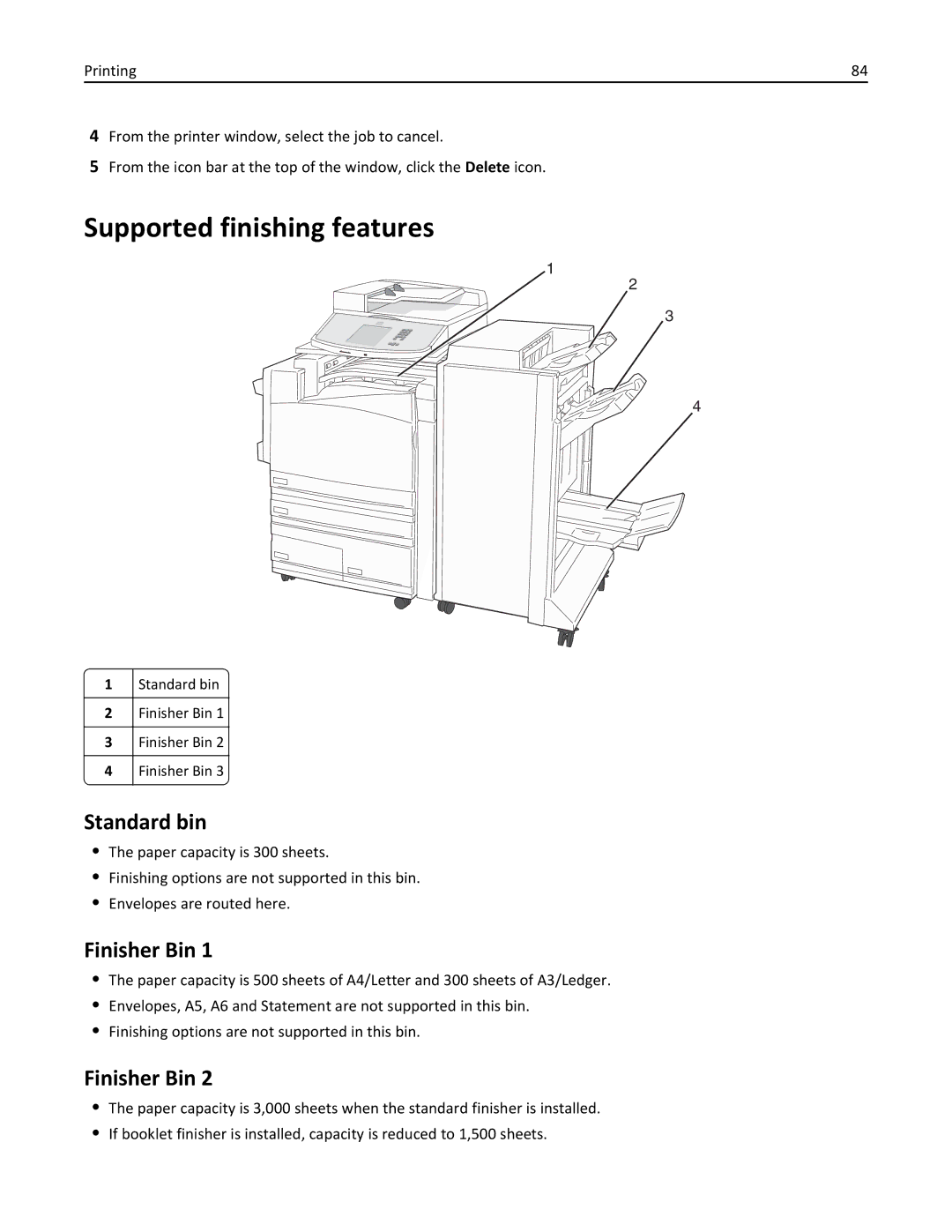 Lexmark X862DTE, 19Z0100, 19Z0201 manual Supported finishing features, Standard bin, Finisher Bin 