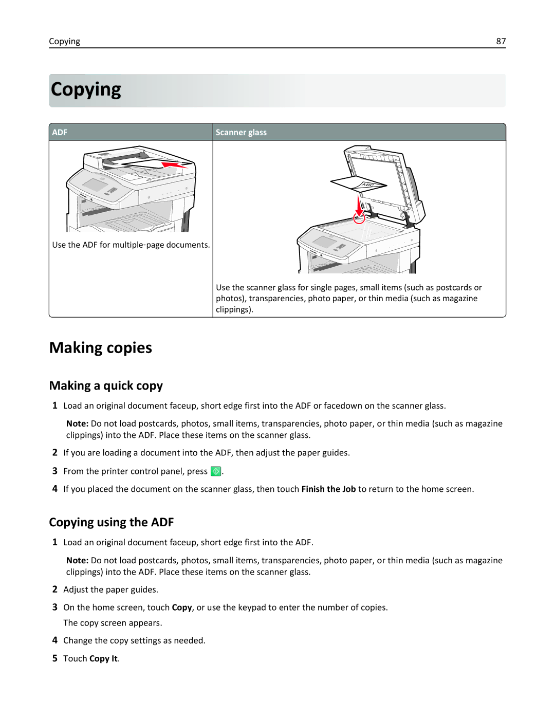 Lexmark X862DTE, 19Z0100, 19Z0201 manual Making copies, Making a quick copy, Copying using the ADF 