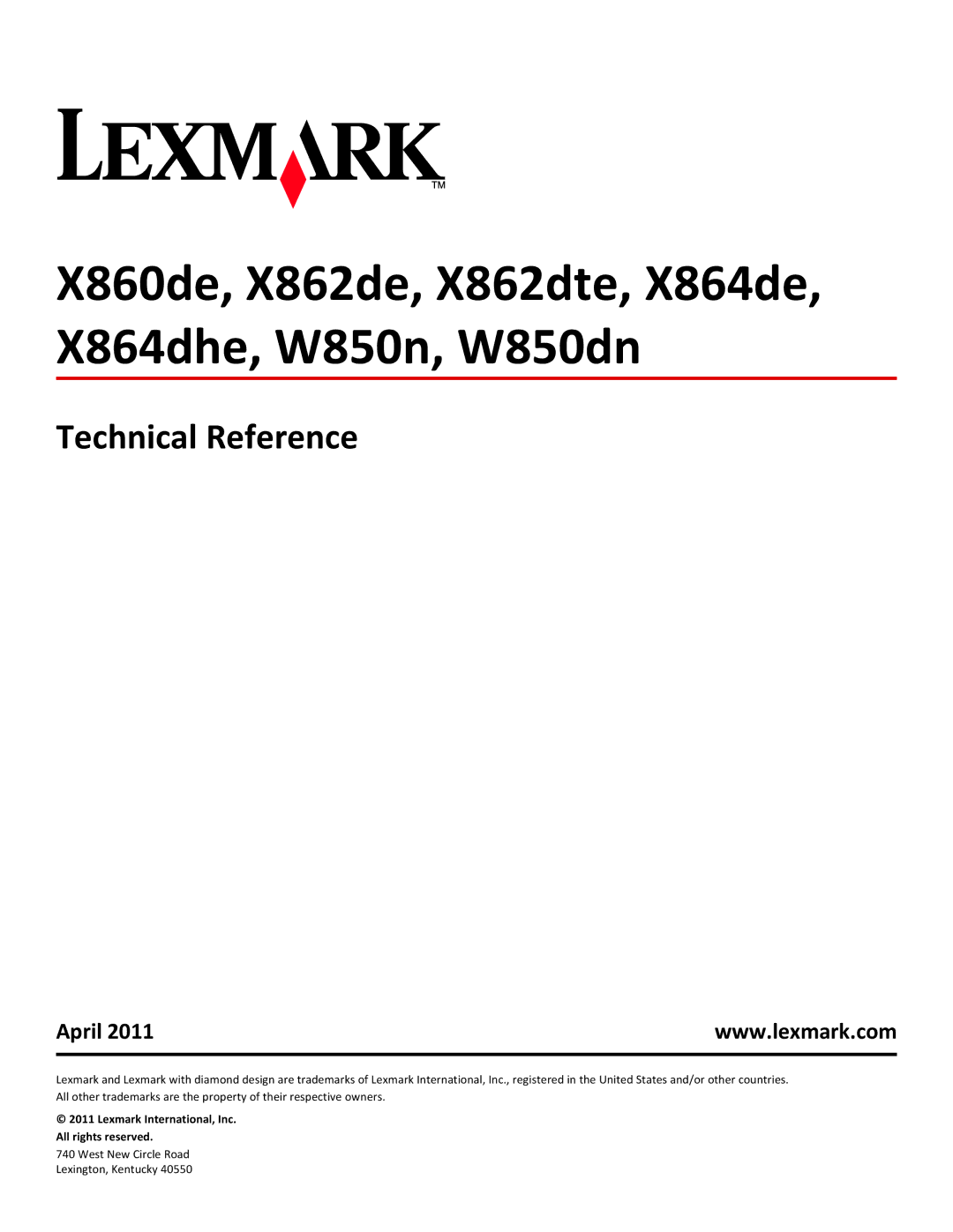 Lexmark X864DHE, X862DTE manual X860de, X862de, X862dte, X864de, X864dhe, W850n, W850dn, Technical Reference 