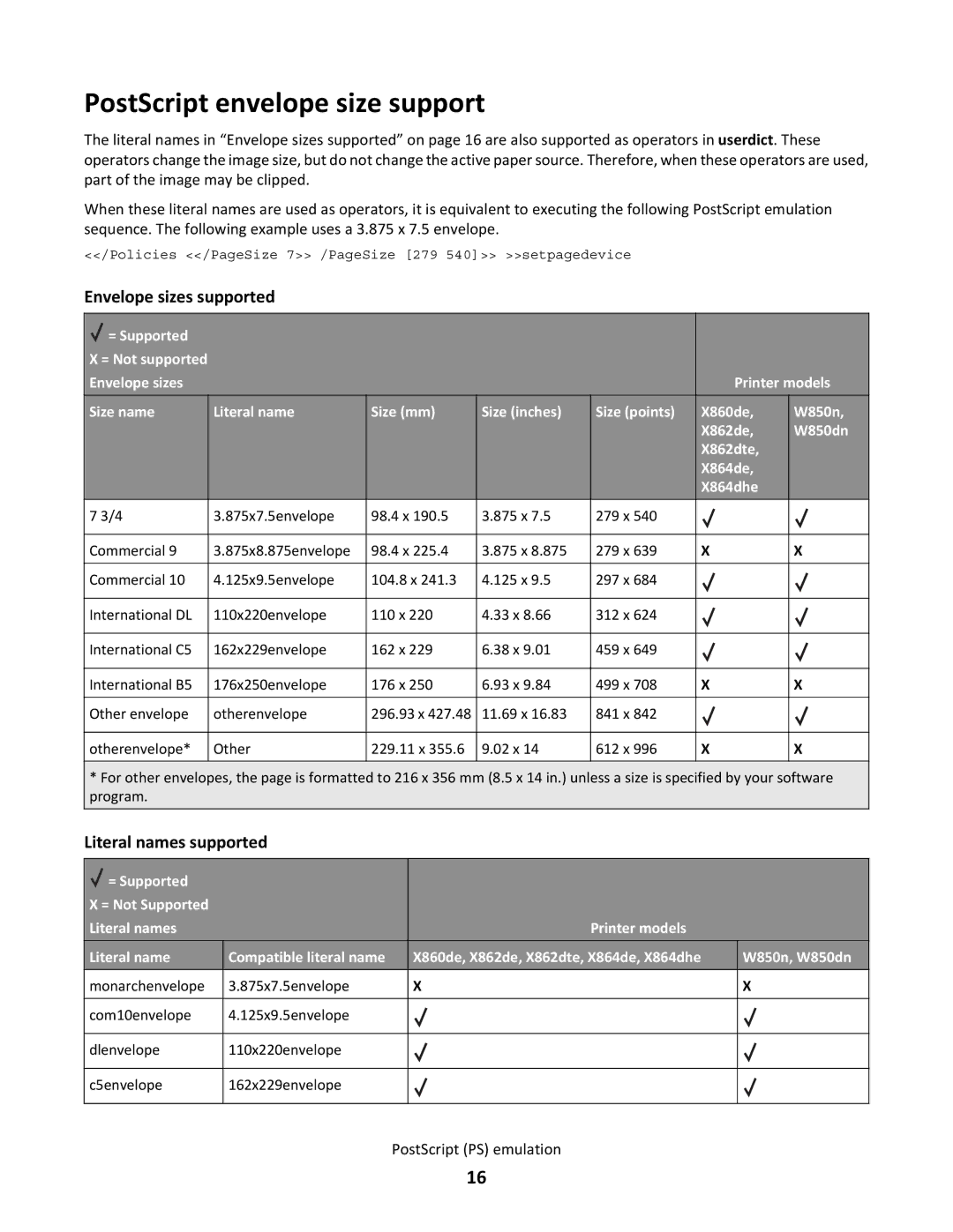 Lexmark X862DTE, X864DHE manual PostScript envelope size support, Envelope sizes supported 