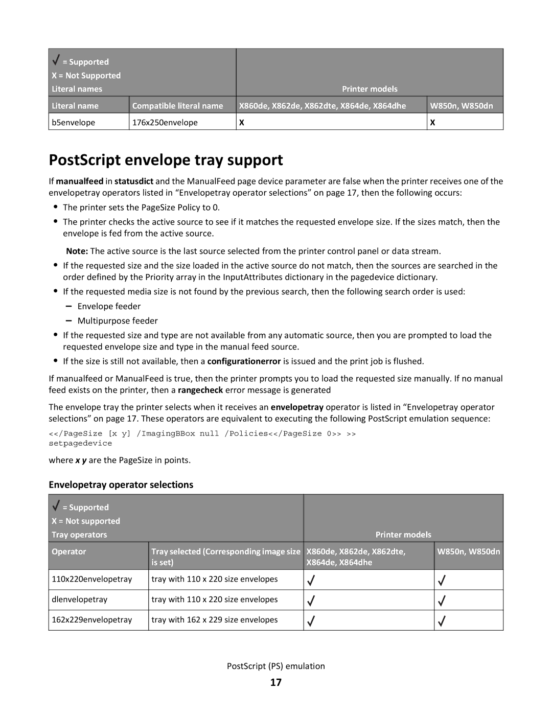 Lexmark X864DHE, X862DTE manual PostScript envelope tray support, Envelopetray operator selections 