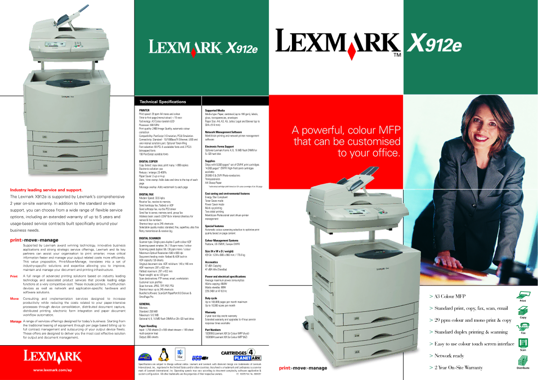 Lexmark X912e technical specifications A3 Colour MFP, Easy to use colour touch screen interface, Network ready 