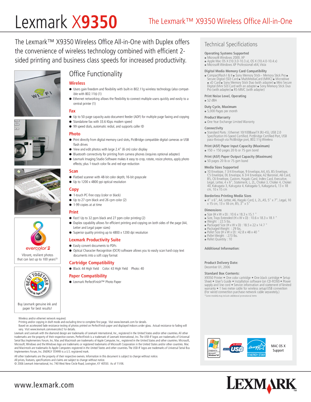 Lexmark x9350 manual Wireless, Fax, Photo, Scan, Copy, Print, Lexmark Productivity Suite, Cartridge Compatibility 