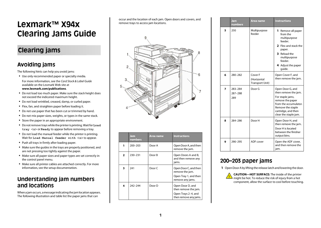 Lexmark X94x, X945 manual Avoiding jams, Understanding jam numbers and locations, Paper jams 