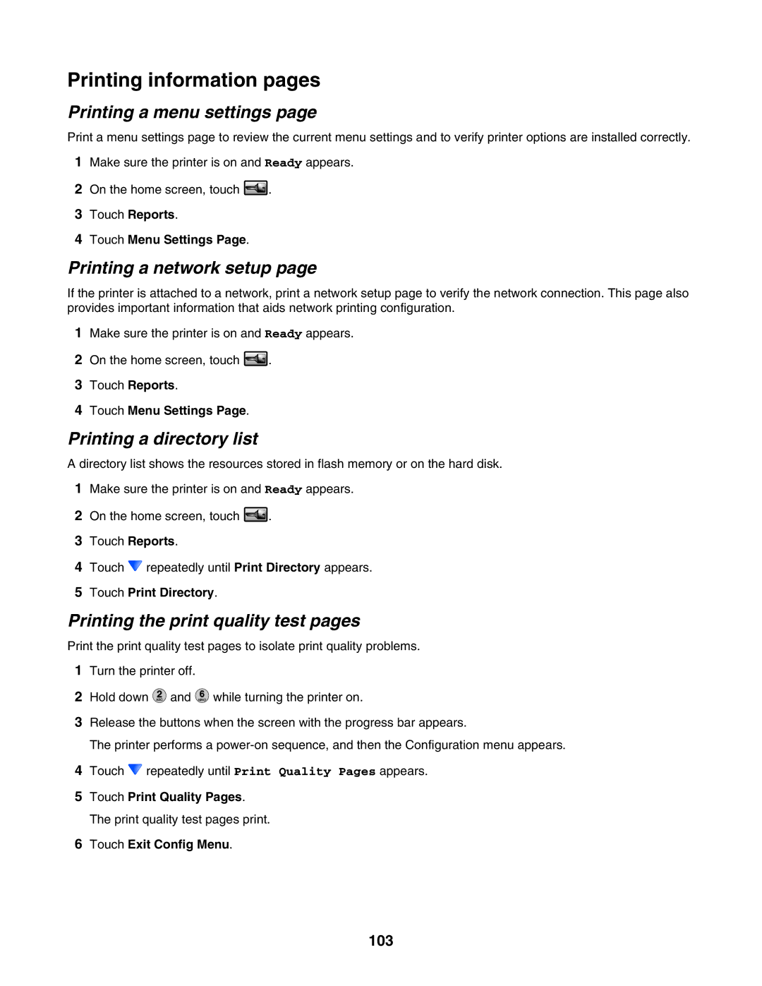 Lexmark X940E Printing information pages, Printing a menu settings, Printing a network setup, Printing a directory list 