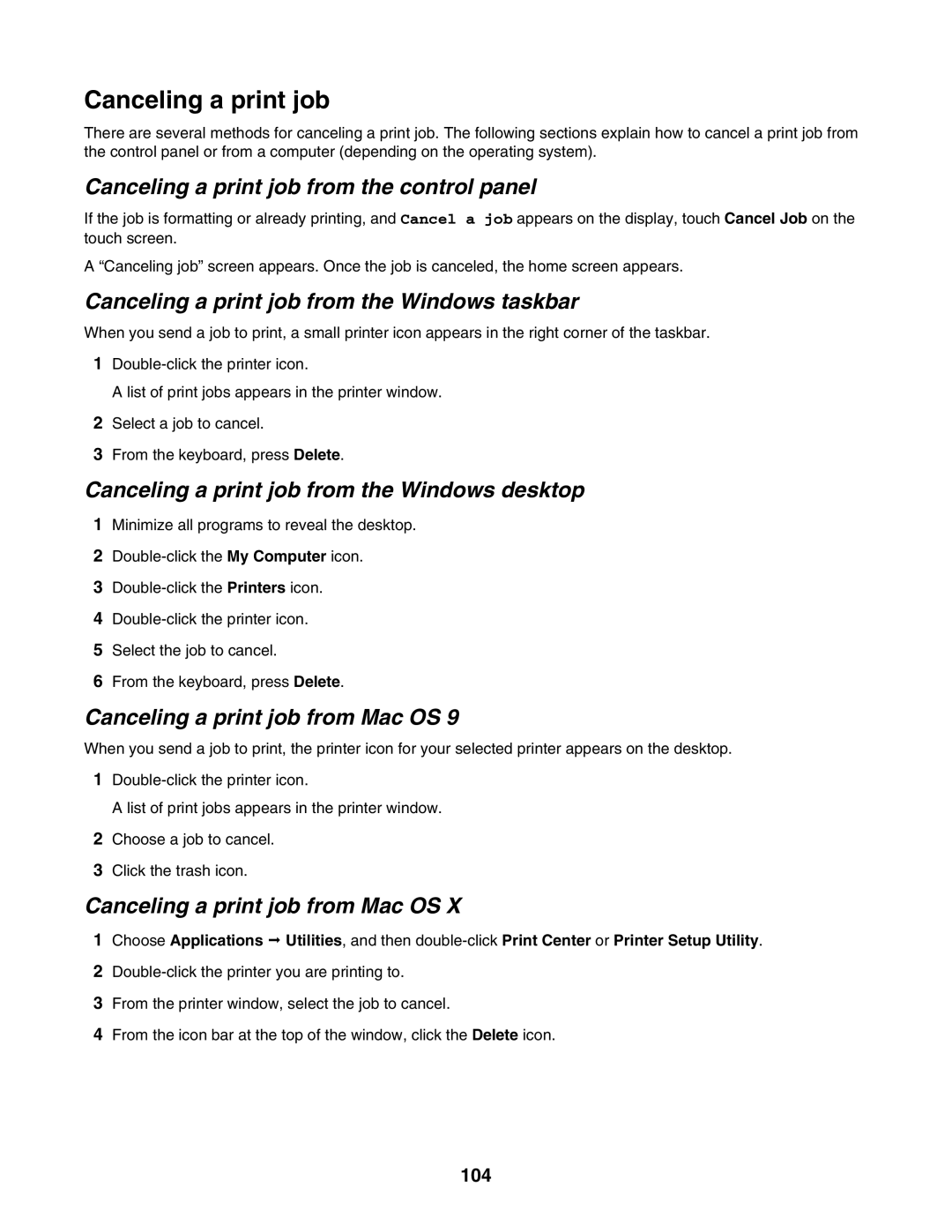 Lexmark X945E, X940E manual Canceling a print job from the control panel, Canceling a print job from the Windows taskbar 