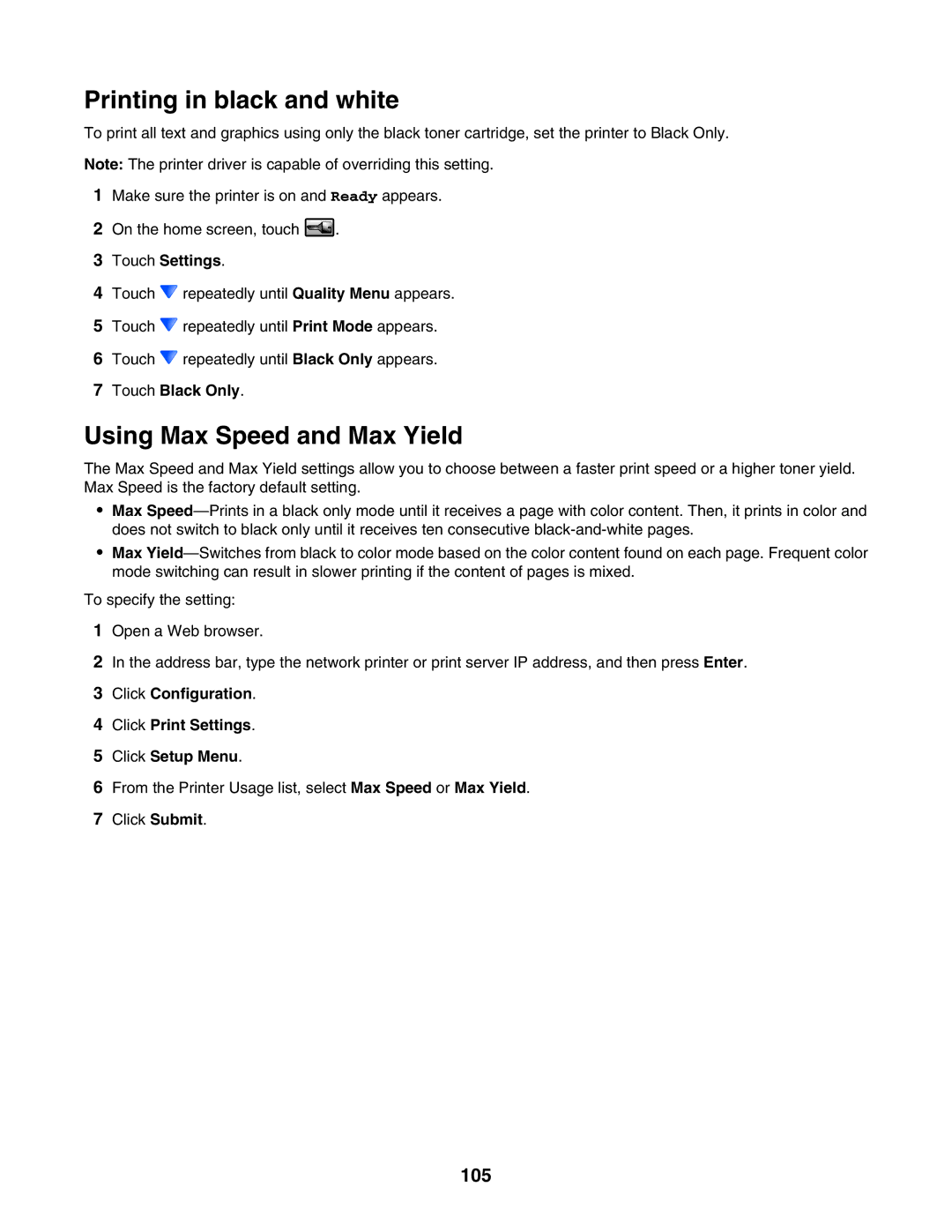 Lexmark X940E, X945E manual Printing in black and white, Using Max Speed and Max Yield, 105 