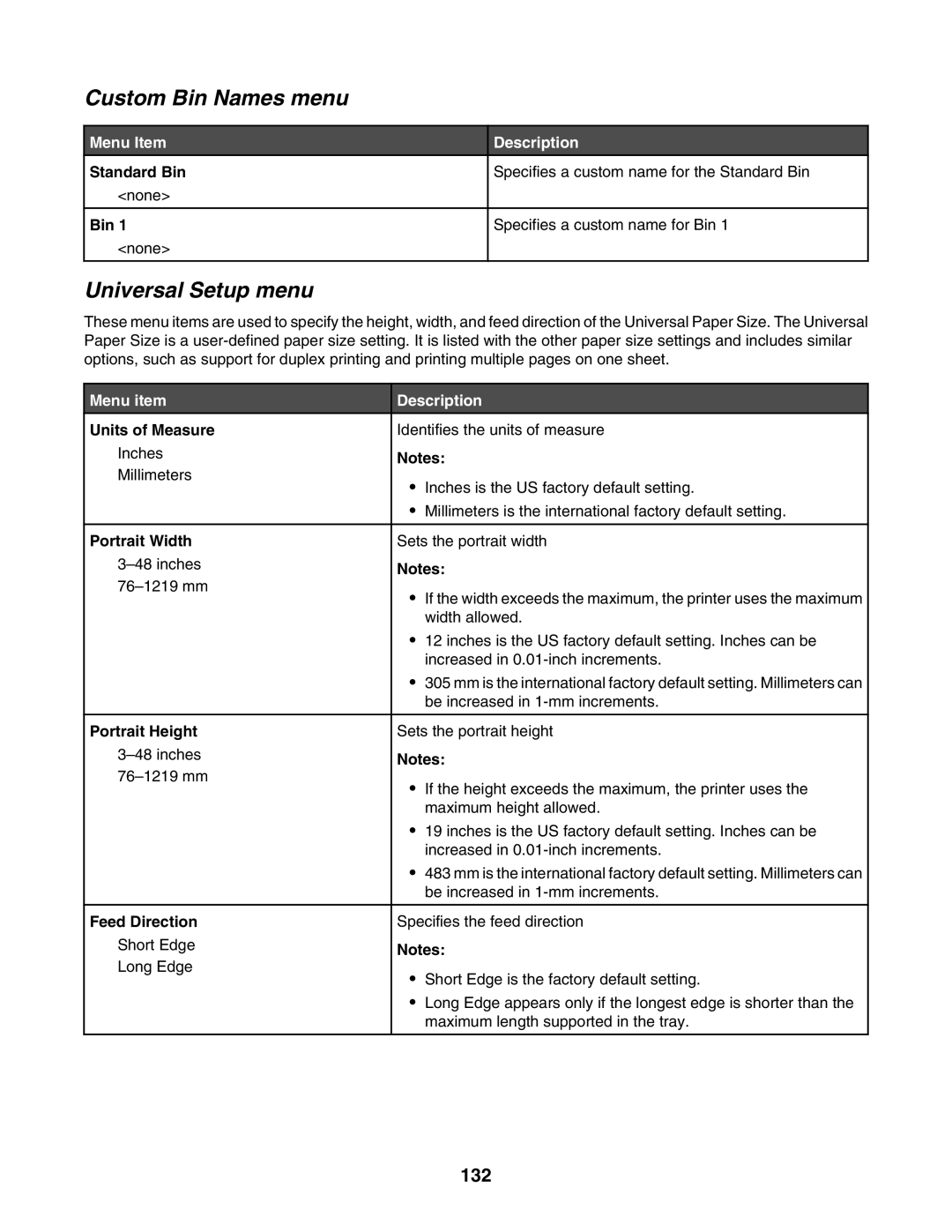 Lexmark X945E, X940E manual Custom Bin Names menu, Universal Setup menu, 132 