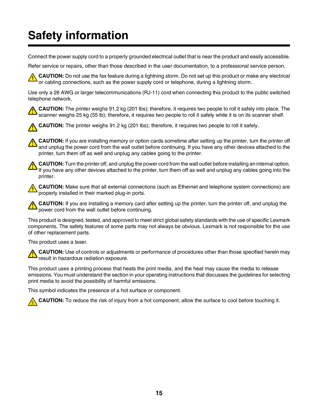 Lexmark X940E, X945E manual Safety information 