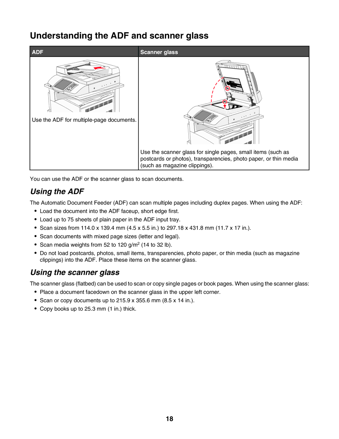 Lexmark X945E, X940E manual Understanding the ADF and scanner glass, Using the ADF, Using the scanner glass, Scanner glass 