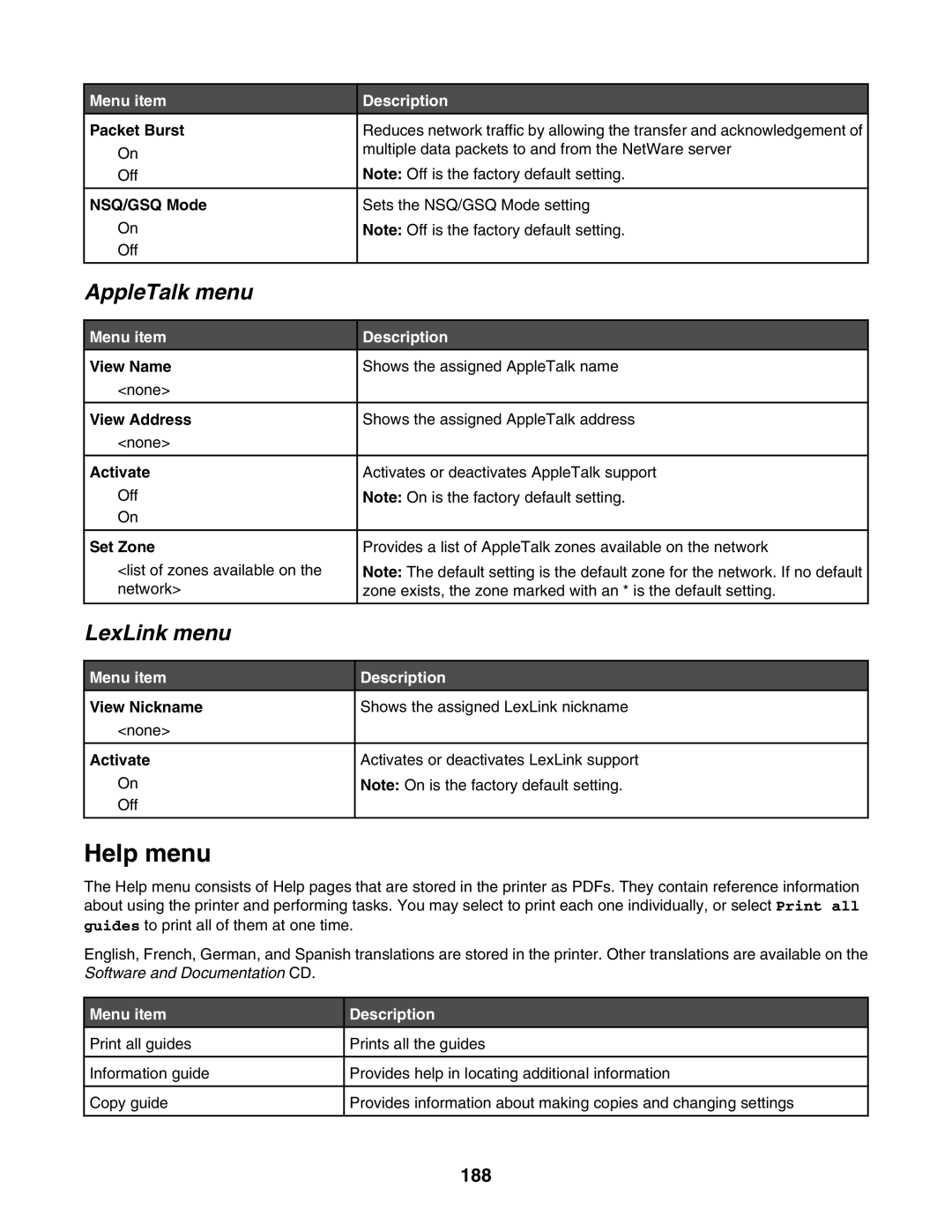 Lexmark X945E, X940E manual Help menu, AppleTalk menu, LexLink menu, 188 