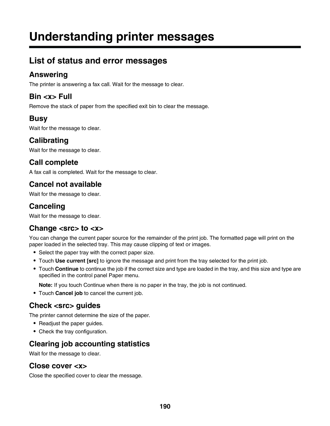 Lexmark X945E, X940E manual Understanding printer messages, List of status and error messages, 190 