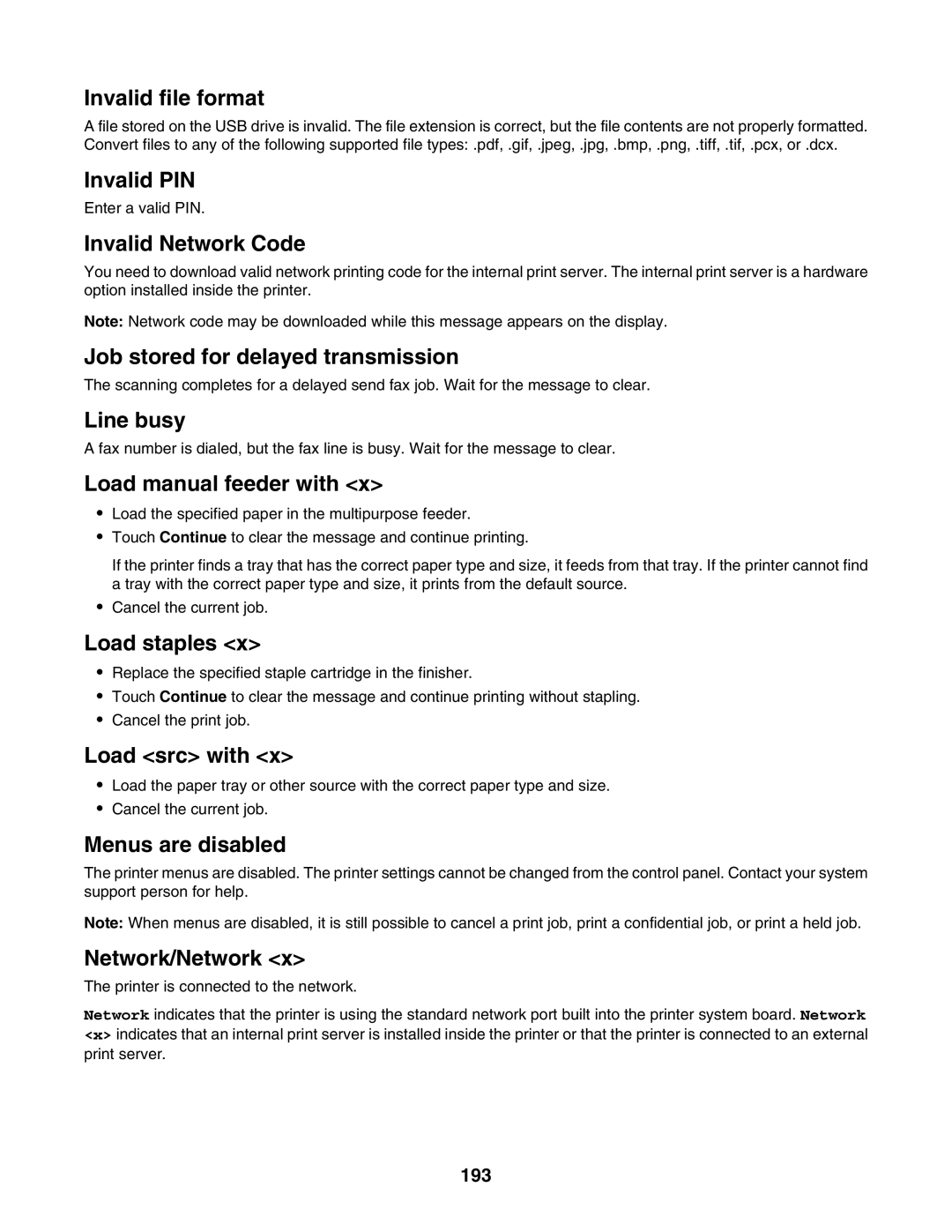 Lexmark X940E, X945E manual Invalid Network Code, 193 