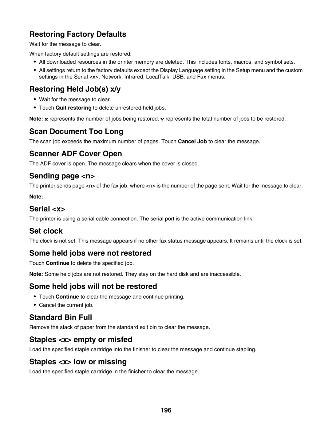 Lexmark X945E, X940E manual Restoring Factory Defaults, 196 