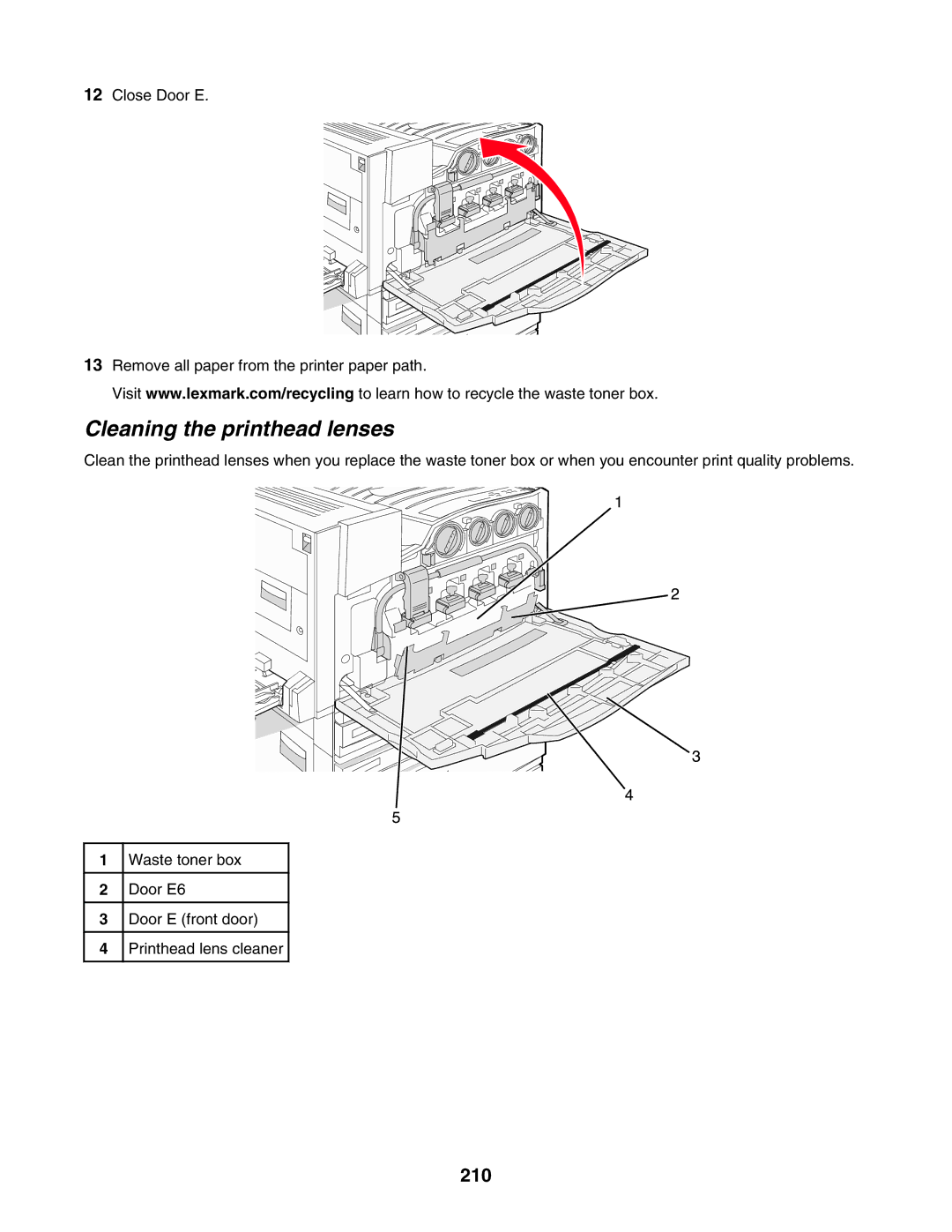 Lexmark X945E, X940E manual Cleaning the printhead lenses, 210 