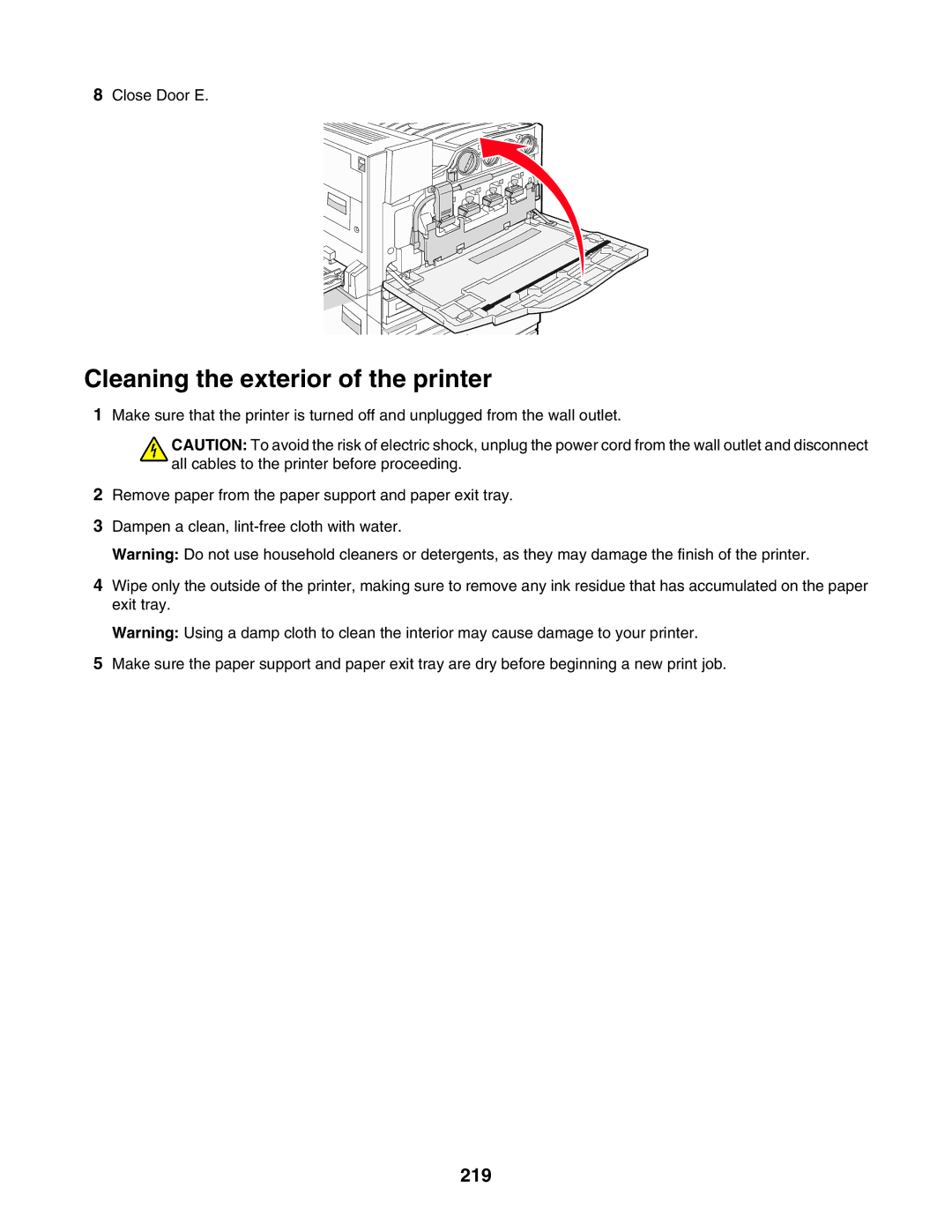 Lexmark X940E, X945E manual Cleaning the exterior of the printer, 219 