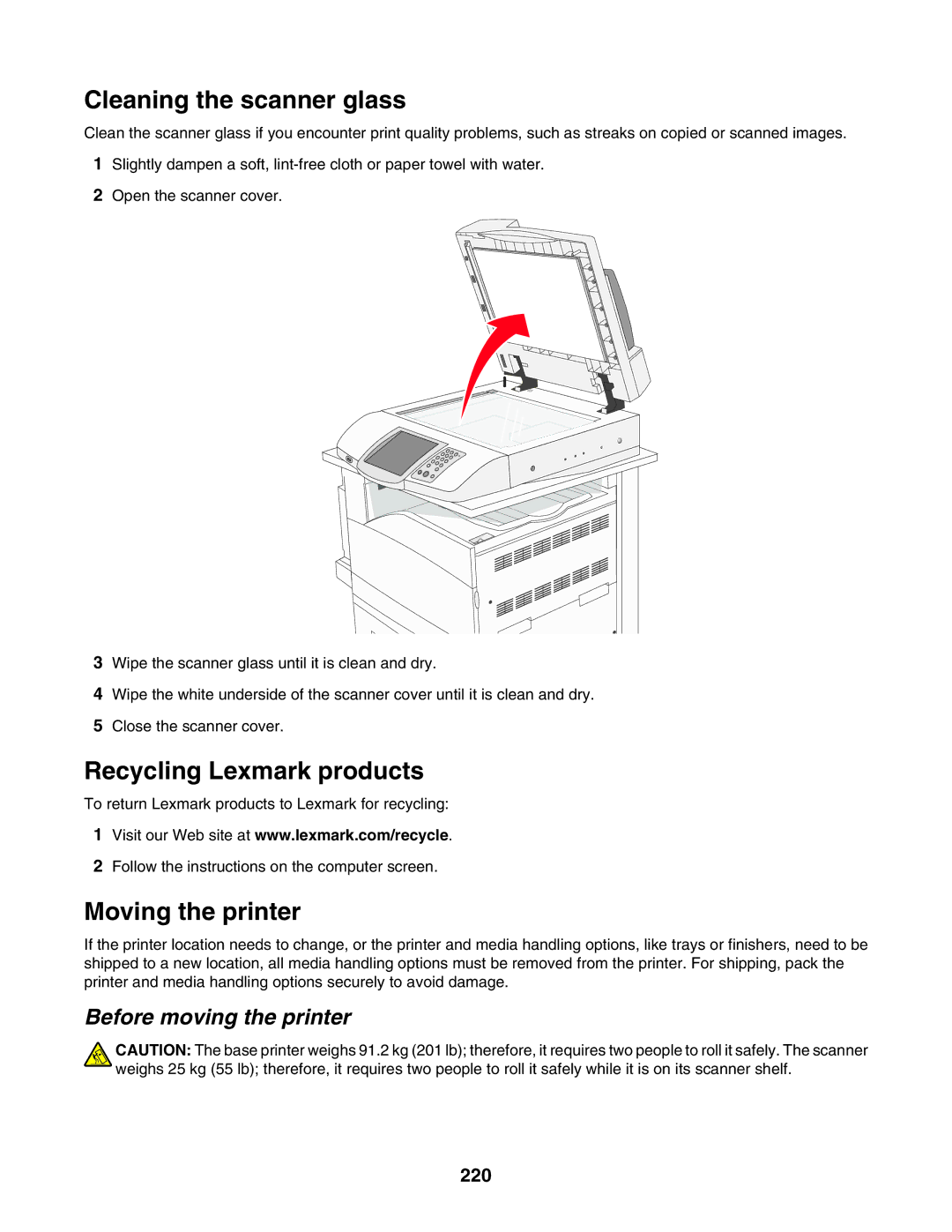 Lexmark X945E Cleaning the scanner glass, Recycling Lexmark products, Moving the printer, Before moving the printer, 220 