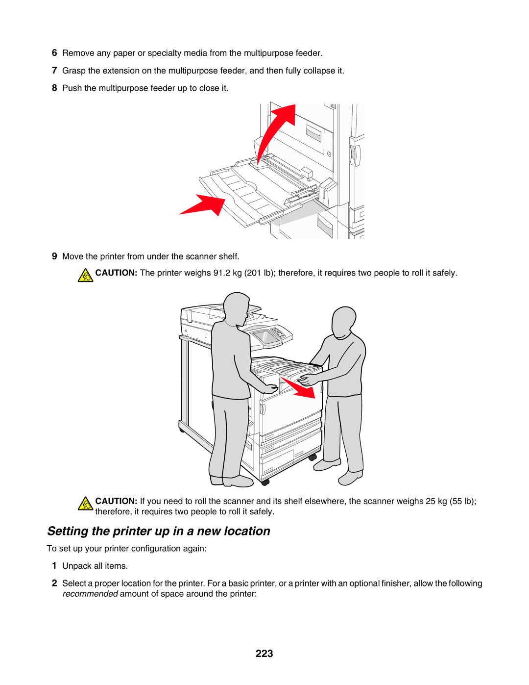 Lexmark X940E, X945E manual Setting the printer up in a new location, 223 