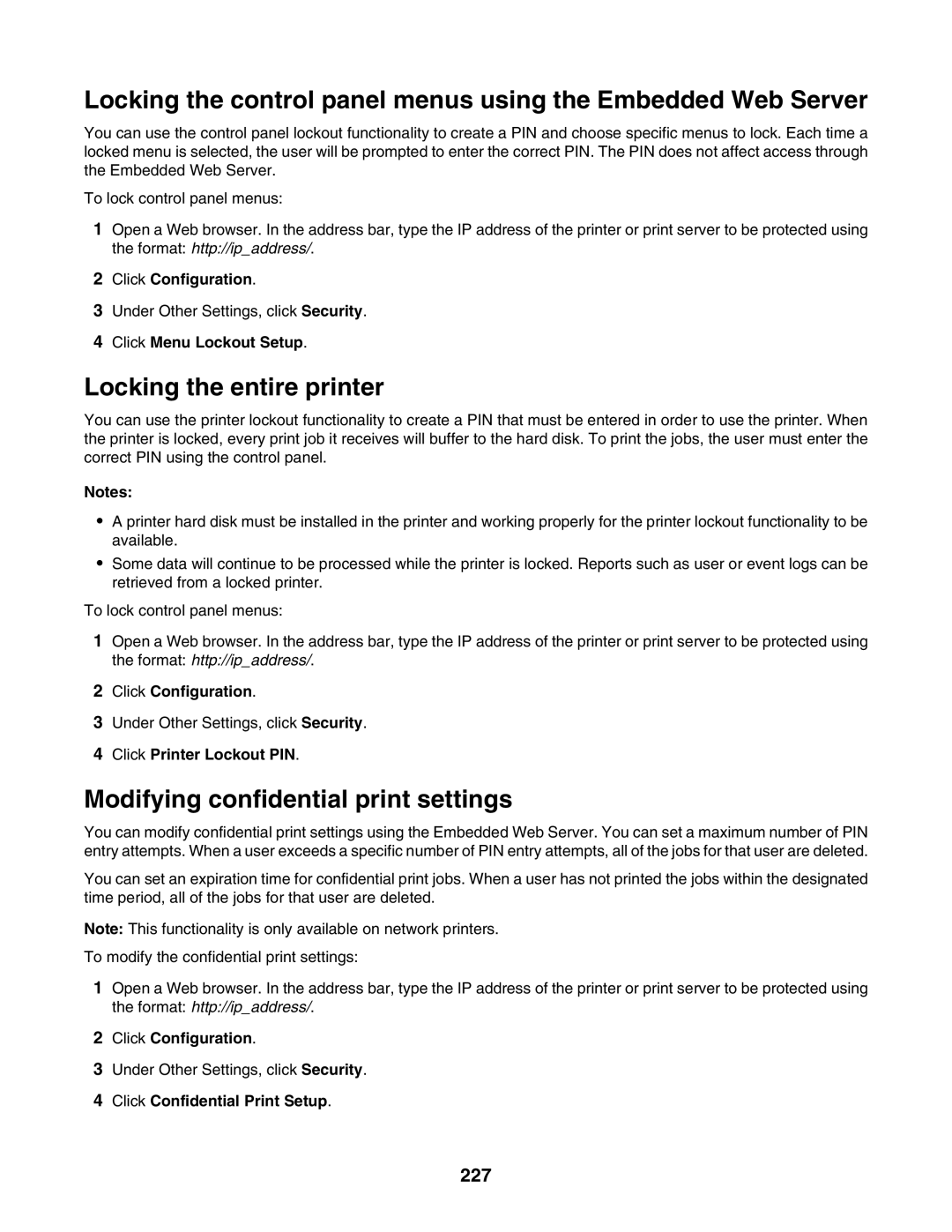 Lexmark X940E, X945E manual Locking the entire printer, Modifying confidential print settings, 227 