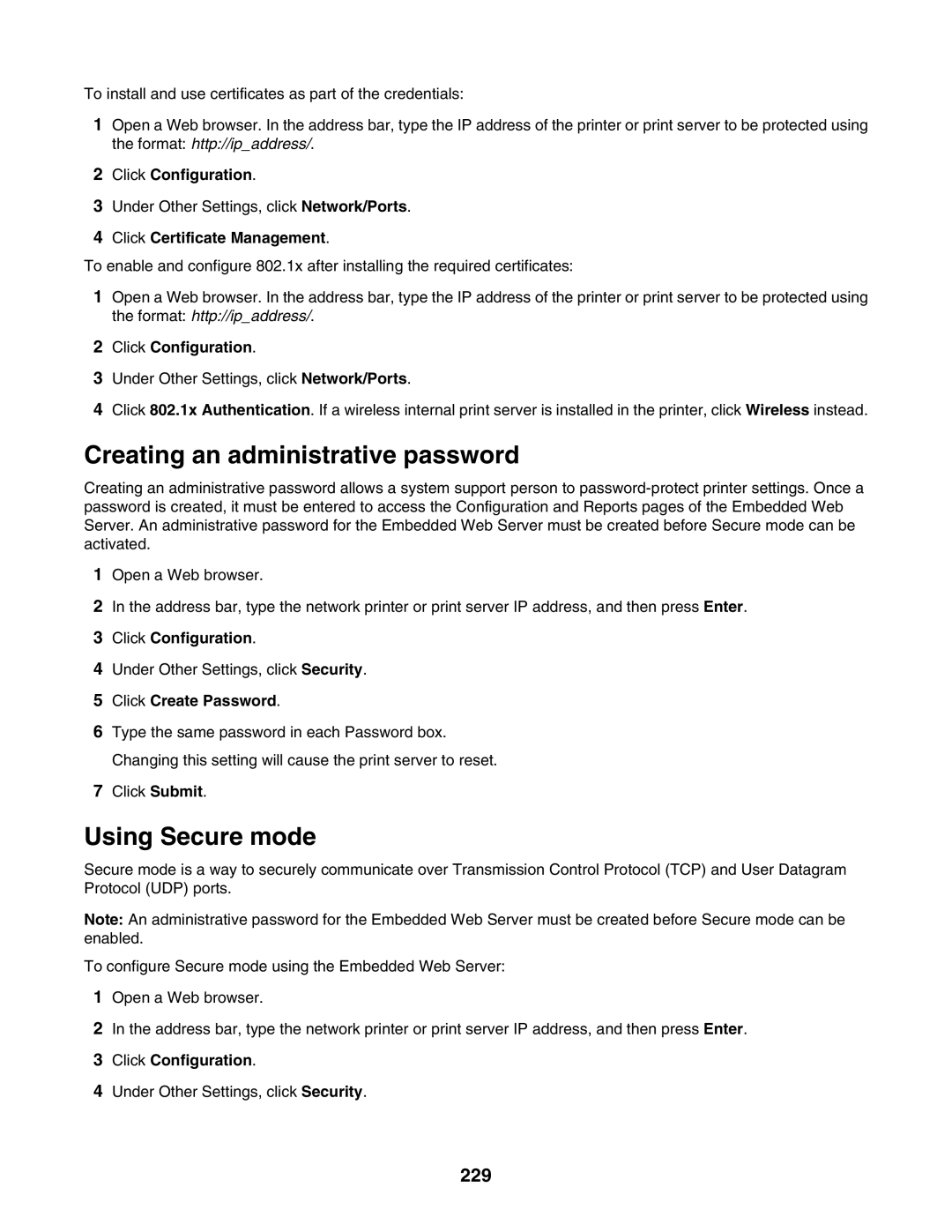 Lexmark X940E, X945E manual Creating an administrative password, Using Secure mode, 229, Click Certificate Management 