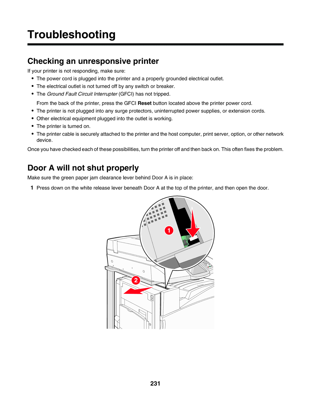 Lexmark X940E, X945E manual Troubleshooting, Checking an unresponsive printer, Door a will not shut properly, 231 