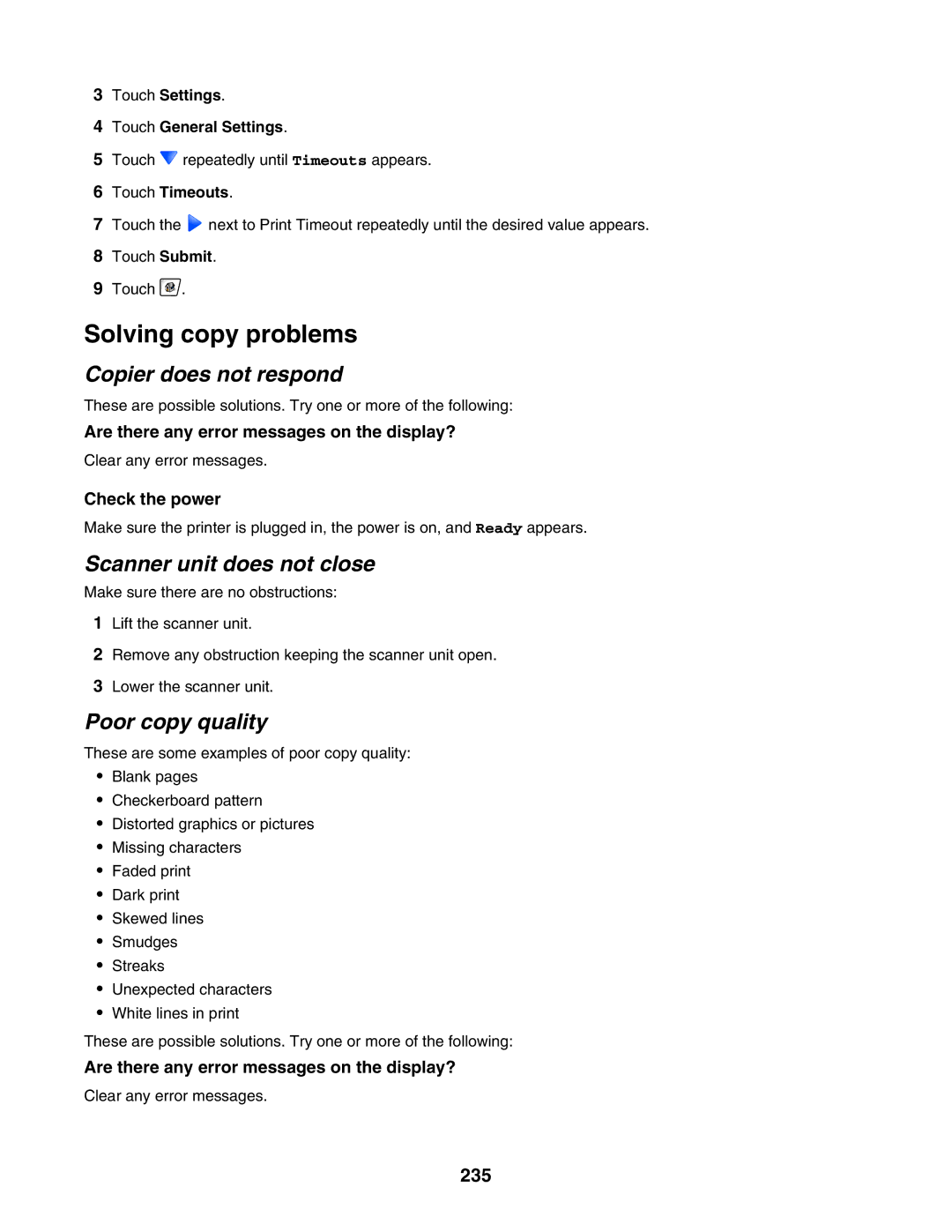 Lexmark X940E, X945E Solving copy problems, Copier does not respond, Scanner unit does not close, Poor copy quality, 235 