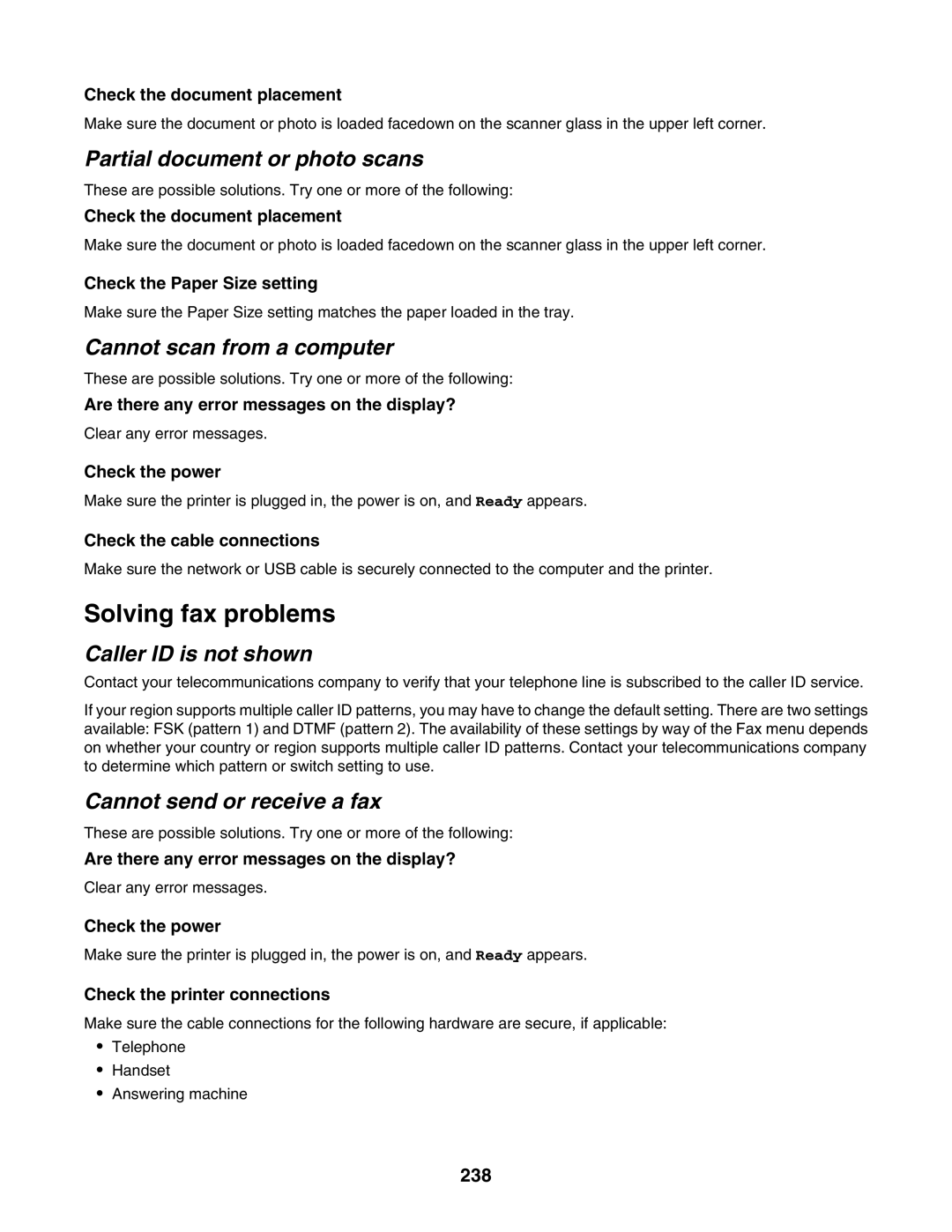 Lexmark X945E Solving fax problems, Partial document or photo scans, Cannot scan from a computer, Caller ID is not shown 